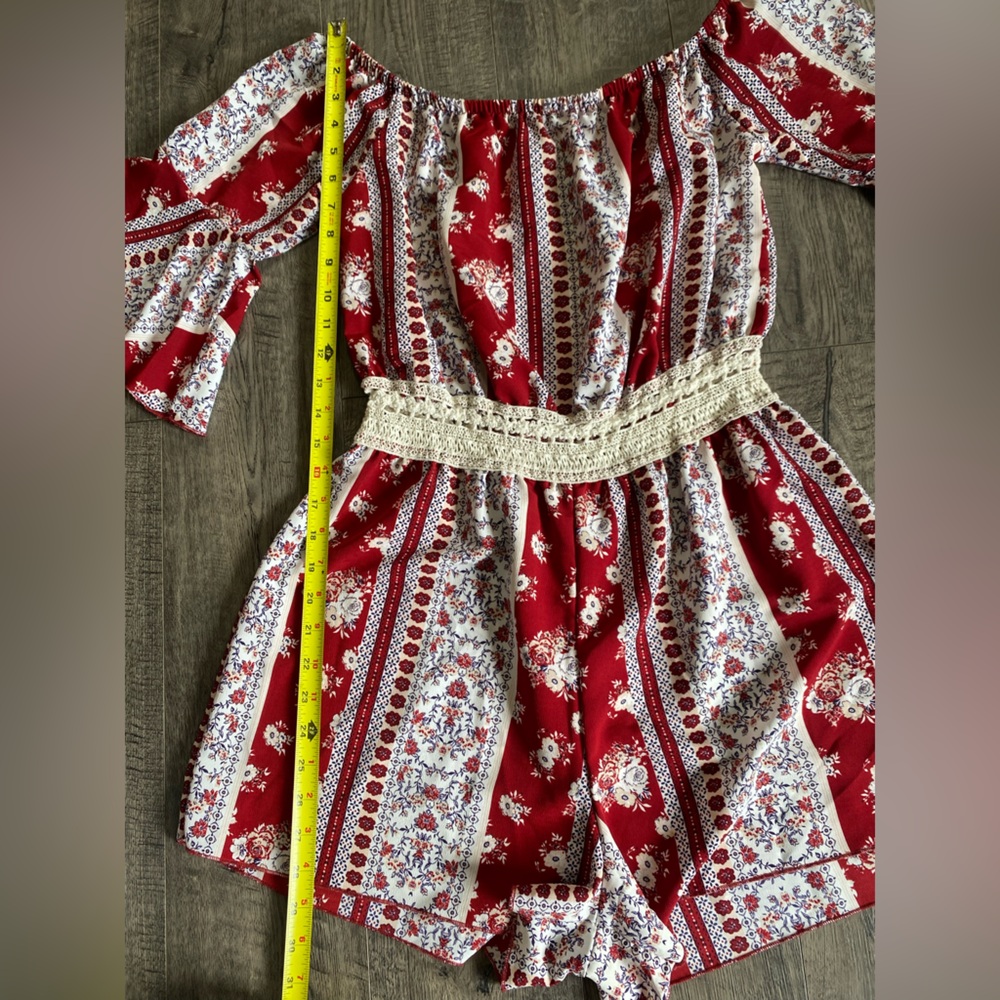 Rue21 Red Floral Off-Shoulder Romper with Crochet Waist - Picture 12 of 12